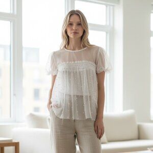 Impulsive Sheer Mesh Pearl Embellished Babydoll Top Size L